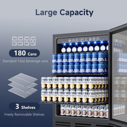 24 Inch Built-In Beverage Cooler for 182 Cans, Under Counter Beer Fridge with Tempered Glass Door & LED Lighting, Freestanding/Integrated Installation (Black)