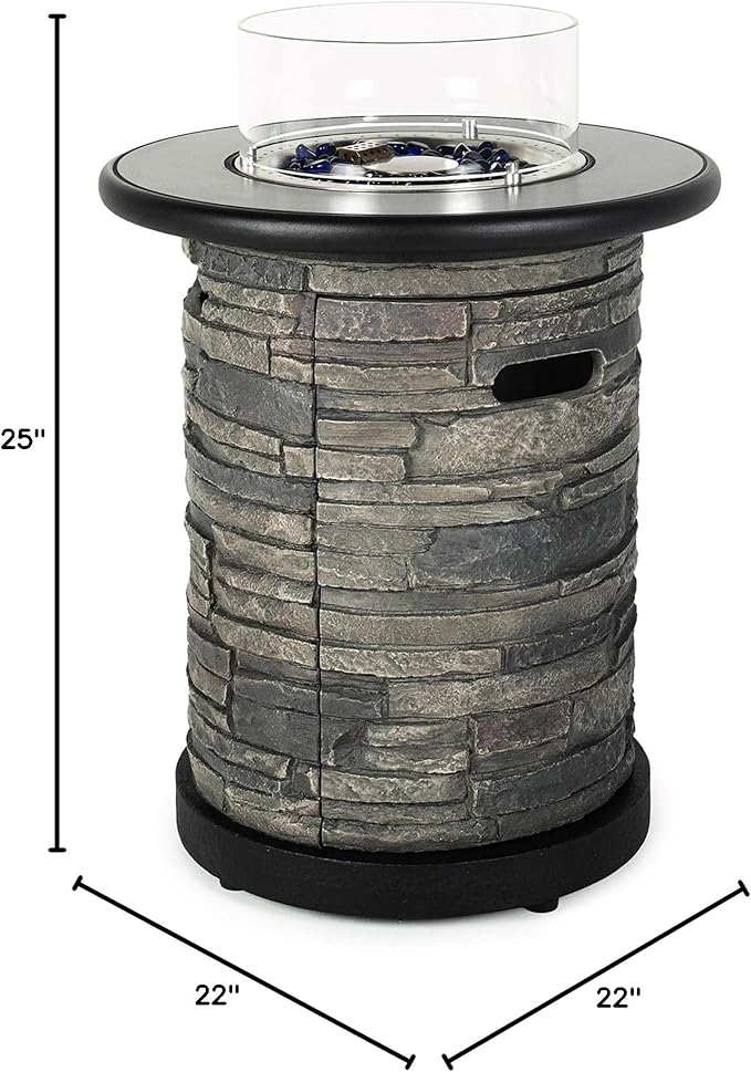 BAIDE HOME Outdoor Propane Fire Pit Table, Round Porcelain Tile Top 22" Fire Bowl Column W/ 40,000 BTU Firepit Table Auto-Ignition 400D Cover Glass Rocks for Outside Patio