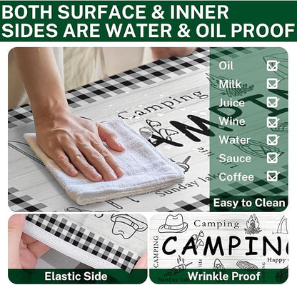 Picnic Table Cover with Bench Covers Elastic Edges, Farm Plaid Fitted Table Cover, Outdoor Patio Camping Essentials 60 Inch 3PCS, Waterproof Camping Fitted Tablecloth with Drawstring Bag