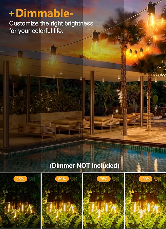 Brightown LED Outdoor String Lights for Patio 100FT with 32 Shatterproof S14 Vintage Edison Bulbs, Waterproof Outside Hanging Lights for Backyard Deck Garden Party Xmas Decor, 2700K