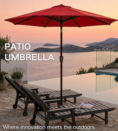 PatioKingdom 9FT Patio Outdoor Umbrella-UPF 50+ Sun Shade with Wind Vent, Push-Button Tilt & Smooth Crank Lift, Rust-Resistant Fiberglass Frame for Garden, Backyard,Yard (Red)