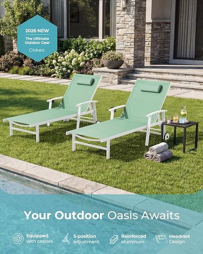 Ciokea Outdoor Lounge Chair with Pillow Set of 2, 5-Position Aluminum Chaise Lounge with Wheels & Armrests, 400 lbs Heavy Duty Patio Pool Chair for Backyard, Deck, Beach & Poolside, Light Green
