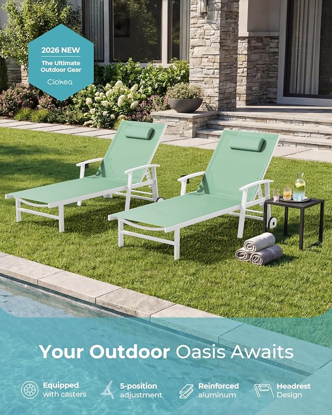 Ciokea Outdoor Lounge Chair with Pillow, 5-Position Aluminum Chaise Lounge with Wheels & Armrests, 400 lbs Heavy Duty Patio Pool Chair for Deck, Backyard, Beach & Poolside, Light Green