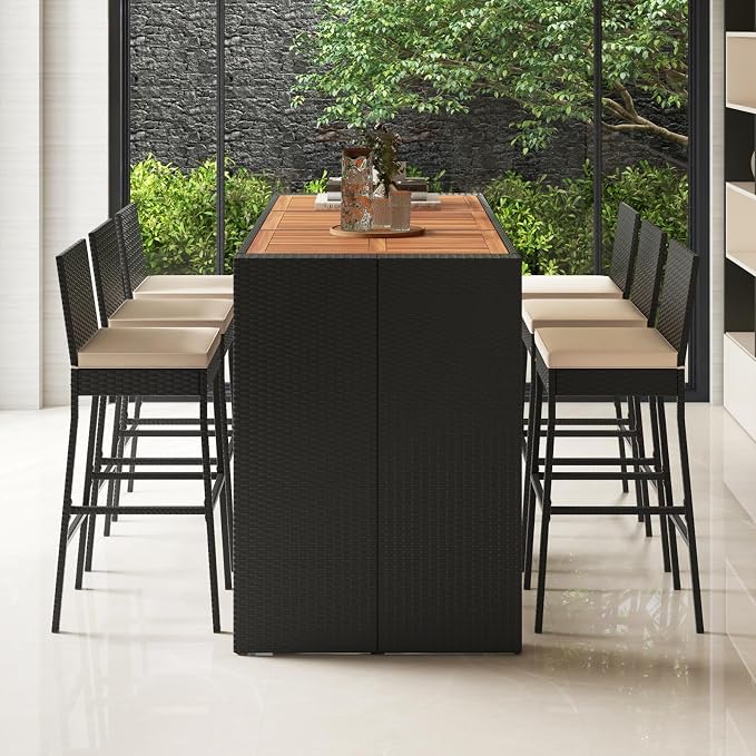7 Piece Patio Wicker Bar Set, Rattan Bar Stools Set for Bistro with Acacia Wood Tabletop & Seat Cushions, Outdoor High Top Table and Chairs for Backyard Garden Porch Poolside (73 Inch)