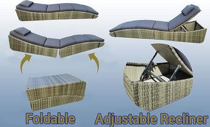 Foldable Outdoor Chaise Pool Lounge Chair Folding Wicker Rattan Sun Bed Patio Couch Reclining Lounger Adjustable Padded Backrest Pillow Assembled - Grey