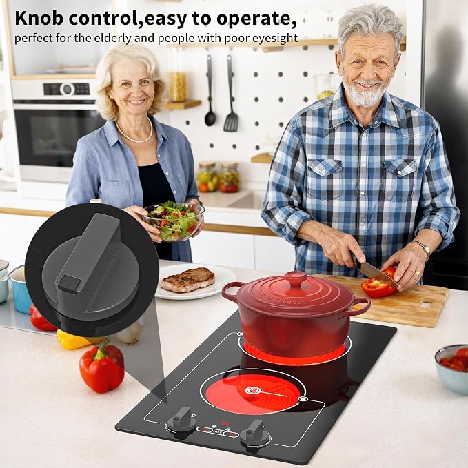 VBGK Electric cooktop, Built-in Design and CountertopStove Top with Knob Control&Touch Control,9 PowerLevel, Timer & Kid Safety Lock,110-120V 2100W 2burner Electric cooktop