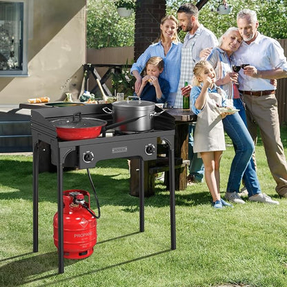 ROVSUN 2 Burner Outdoor Propane Gas Stove with Regulator, Windpanel & Carrying Bag, 150,000 BTU Powerful Stand Cooker for Backyard Cooking Camping Home Brewing Canning Turkey Frying