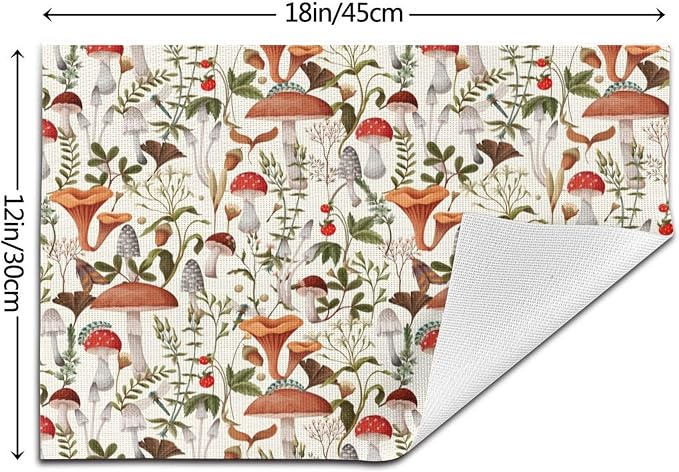 Boho Mushroom Placemats Set of 4, Botanic Plant Beige Table Mats | Heat Resistant Washable Placemat for Kitchen Dining Table Decor Cute Placemats Linen 12x18 Inch