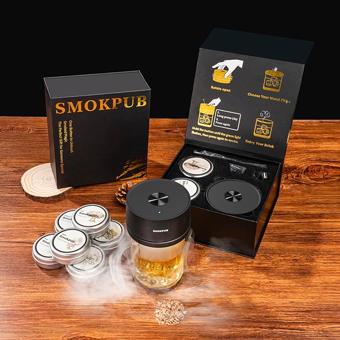 Electric Whiskey Smoker Kit, Rechargeable Cocktail Smoker with 6 Wood Chips, Flameless Heating System, Old Fashioned Drink Smoker Kit, Bourbon Whiskey Gifts for Men,Dad,Husband