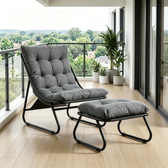 Rocking Chair with Ottoman, Modern Metal Frame Outdoor Rocker, Comfy Patio Lounge Chair with Footrest, Reading Glider Chairs for Living Room, Bedroom, Balcony, Garden, Relax, Grey