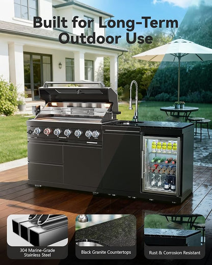 82" Natural Gas Outdoor Kitchen Island with Grill, 6-Burner 85,000 BTU BBQ Island, 304 Stainless Steel, Refrigerator, Sink & Rotisserie, Black