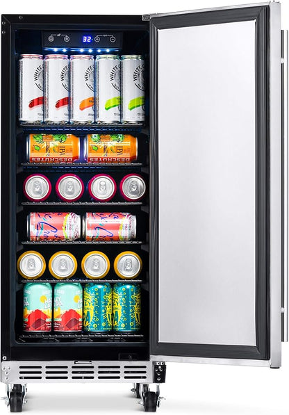 NewAir 15” Outdoor Beverage Fridge | Freestanding or Built-In Under counter Refrigerator for Outside Patio | Weatherproof Outdoor Fridge for 90 Cans with Detachable Castors | Stainless Steel