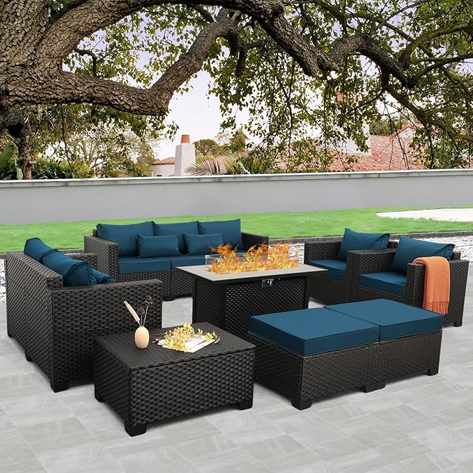 Patio Furniture Set 45-Inch Outdoor Fire Pits 8 PCS Outdoor Furniture Sets Patio Couch Outdoor Chairs 60000BTU Outdoor Propane Fire Pit Table No-Slip Cushions and Waterproof Covers, Peacock Blue