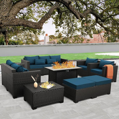Patio Furniture Set 45-Inch Outdoor Fire Pits 8 PCS Outdoor Furniture Sets Patio Couch Outdoor Chairs 60000BTU Outdoor Propane Fire Pit Table No-Slip Cushions and Waterproof Covers, Peacock Blue