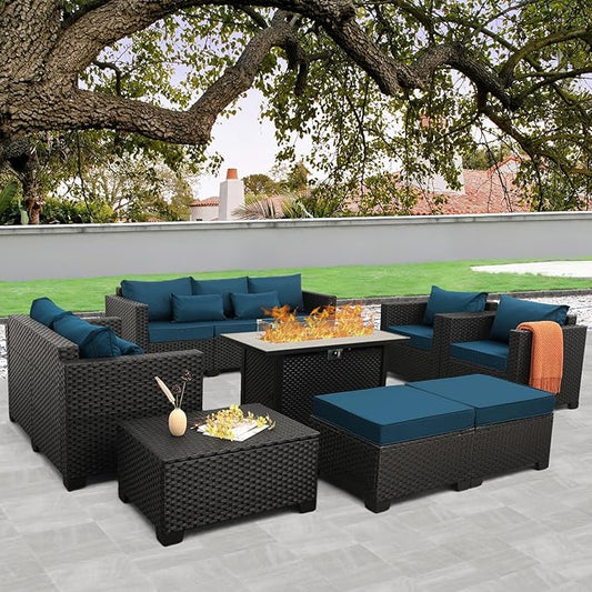 Patio Furniture Set 45-Inch Outdoor Fire Pits 8 PCS Outdoor Furniture Sets Patio Couch Outdoor Chairs 60000BTU Outdoor Propane Fire Pit Table No-Slip Cushions and Waterproof Covers, Peacock Blue