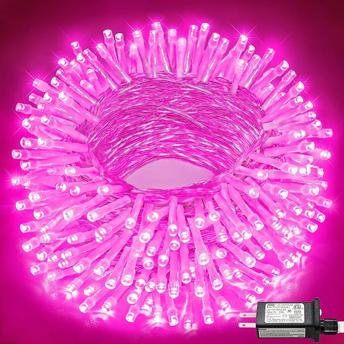 66FT 200 LED Outdoor String Lights, Connectable Christmas Lights Indoor Waterproof with 8 Modes, Plug in Twinkle Fairy Lights Clear Wire for Bedroom Home Wedding Patio Patry Decorations, Pink