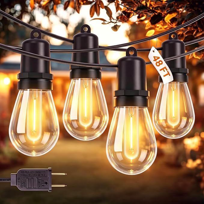 48FT Outdoor String Lights with16+1 Shatterproof LED Bulbs | Hanging Lights for Patio Weatherproof, Warm White, Connectable Lights Plug in for Party, Cafe, Bistro, Camping and Backyards
