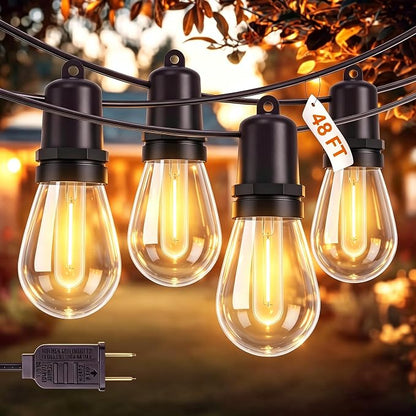 48FT Outdoor String Lights with16+1 Shatterproof LED Bulbs | Hanging Lights for Patio Weatherproof, Warm White, Connectable Lights Plug in for Party, Cafe, Bistro, Camping and Backyards