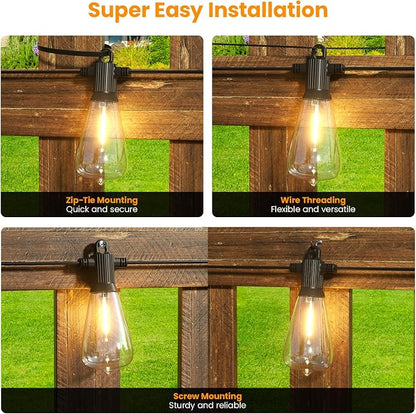 Kawaya Outdoor String Lights for Patio - ST38 Outside IP65 Waterproof Hanging Light with 2700k~6000k Dimmable - 100FT Led Edison Lights for Cafe Bistro Yard Gazebo Porch