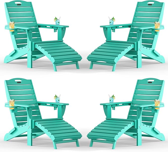 Adjustable Adirondack Chairs Set of 4 with Retractable Ottoman, HDPE Folding Adirondack Chair with Cup Holders, Weather Resistant for Backyard, Poolside & Fire Pit (Lake Blue)