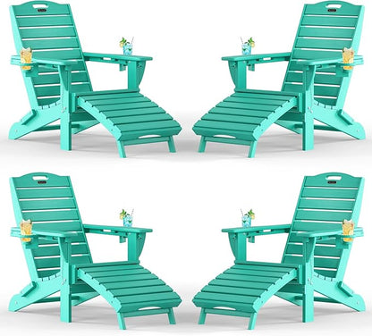 Adjustable Adirondack Chairs Set of 4 with Retractable Ottoman, HDPE Folding Adirondack Chair with Cup Holders, Weather Resistant for Backyard, Poolside & Fire Pit (Lake Blue)