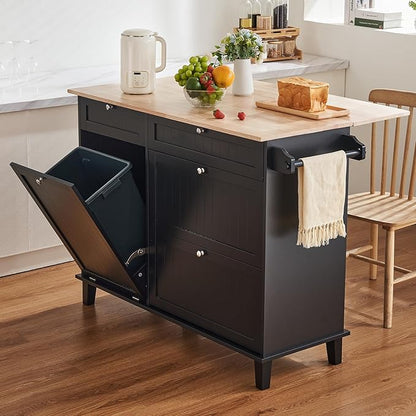 VEVOR Kitchen Island Cart, 50" Wood Top Breakfast Bar with Trash Cabinet Tilt Out 10 Gallon Storage, Farmhouse Dining Living Room Table with Drop Leaf, Towel Bar, Drawer, Black