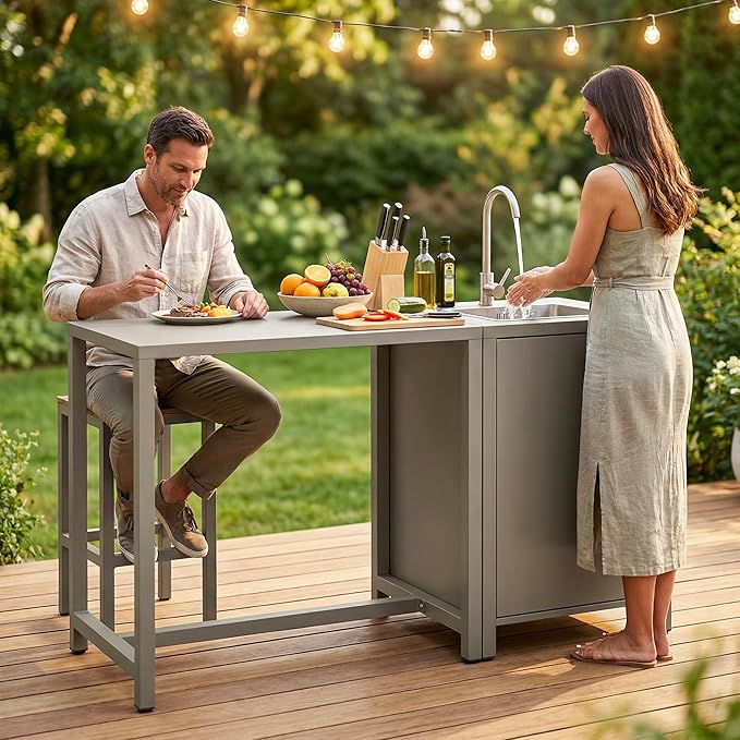 Wisteria Lane Outdoor Storage Cabinet with Stainless Steel Sink, Aluminum Modular Outdoor Kitchen, All Wheather Kitchen Island with Storage, Patio Bar Table for BBQ, Porch，Backyard
