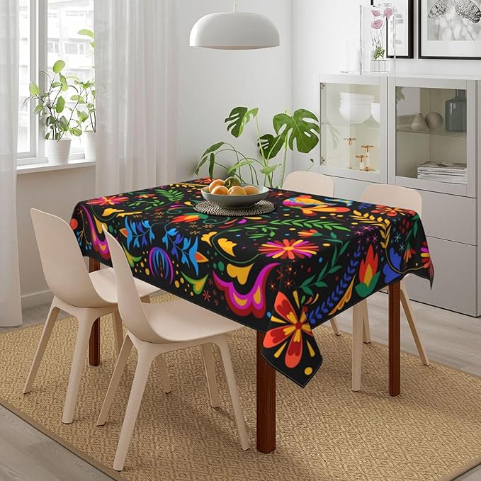 Mexican Floral Table Cloth, Waterproof Mexican Flower Tablecloth for Kitchen Dining Room, Picnic Party, Weddings, Outdoor Indoor 54x72 in Rectangle Black Table Cover