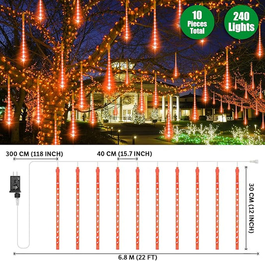 LAMPHOME Halloween Lights Outdoor,12-inch LED Meteor Shower Icicle Lights, 10 Tubes 240 LED String Lights. Waterproof Plug, Shower Rain for Xmas Tree Yard House Decor Orange