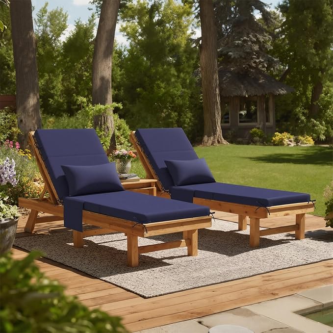 Crestlive Products Foldable Outdoor Chaise Lounge Cushions with Head Pillow and Side Pockets, Water Resistant & Fade Resistant Lounge Chair Cushion, 72''L x 21''W, Navy