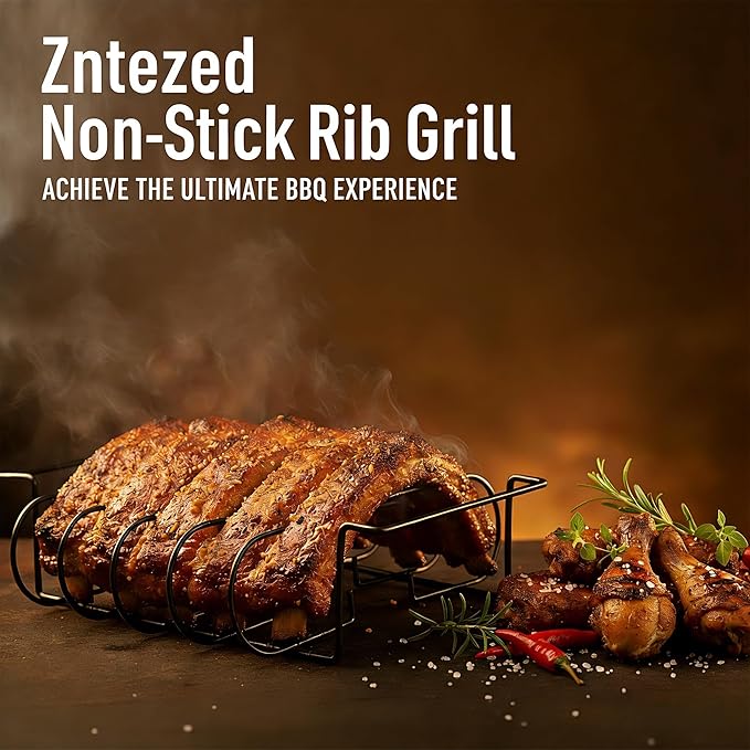 Rib Rack for Smoking and Grilling - 12" Extra Long Stainless Steel BBQ Holder - Non-Stick Vertical Roasting Stand Compatible with Most Gas Charcoal Pellet Smokers - Holds 4 Full Racks