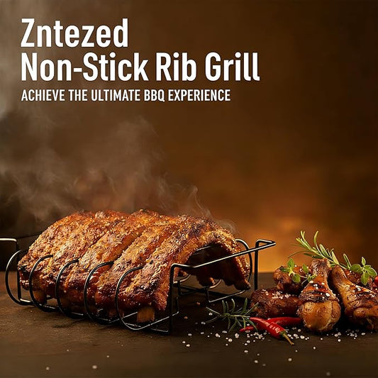 Rib Rack for Smoking and Grilling - 12" Extra Long Stainless Steel BBQ Holder - Non-Stick Vertical Roasting Stand Compatible with Most Gas Charcoal Pellet Smokers - Holds 4 Full Racks