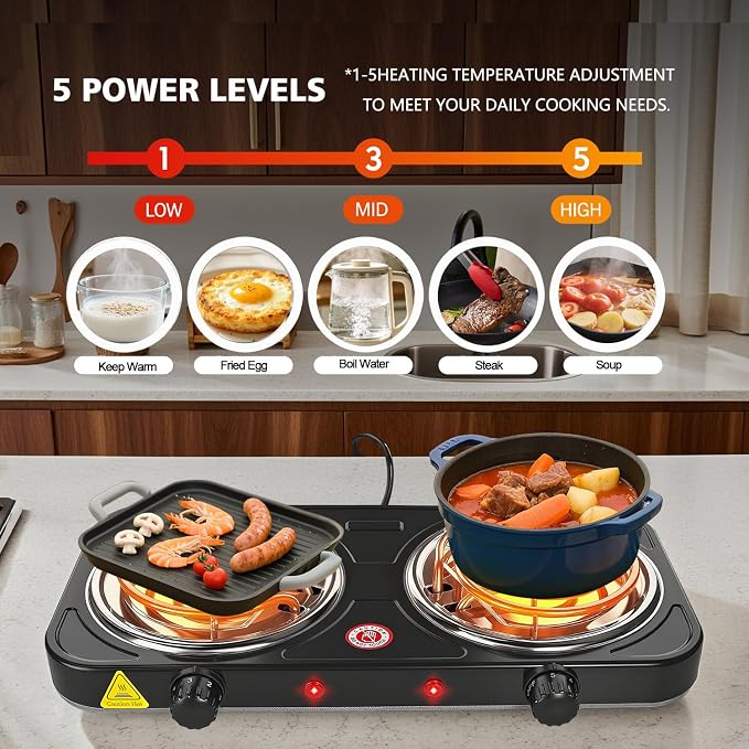 2200W Portable Electric Hot Plate for Cooking, Two Burner Electric Cooktop,Double Coil Electric Burner, Electric Stove with 2 Burner,Adjustable Temperature Control，White