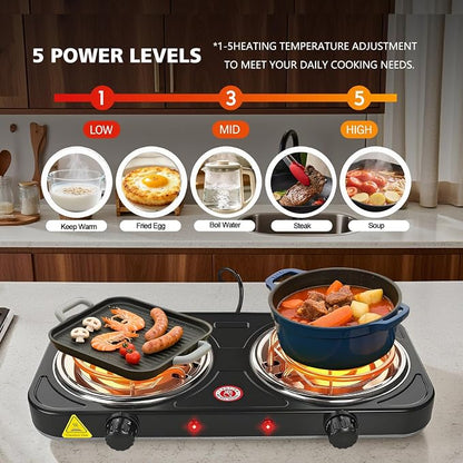 2200W Portable Electric Hot Plate for Cooking, Two Burner Electric Cooktop,Double Coil Electric Burner, Electric Stove with 2 Burner,Adjustable Temperature Control，White