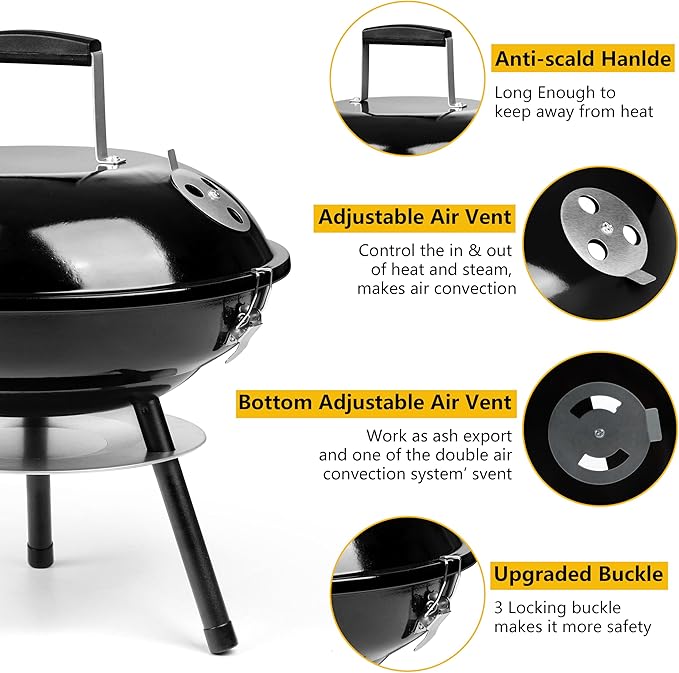 14Inch Portable Outdoor Charcoal Grill, Leonyo Small Tabletop BBQ Charcoal Grill Enamel Coated for Backyard Cooking, Camping, Picnics, Garden, Beach, Black