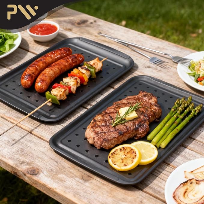 Grill Prep Trays Set of 2, Grill Tray for BBQ Meat Prep, Marinating & Serving, Large Melamine Grilling Prep and Serve Trays with Deep Raised Edges, Outdoor Grill Serving Tray, BPA Free