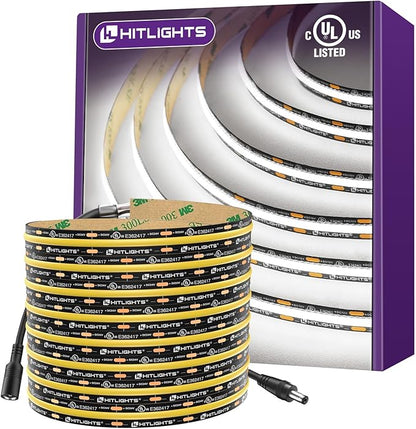 HitLights White LED Strip Lights 5000K, 16.4ft Premium 12V COB Tape Light High Density, 2400 LEDs, 305+ LM/FT, CRI 90+, IP30, Lighting for Kitchen, Cabinets, UL Listed (Power Source Not Included)