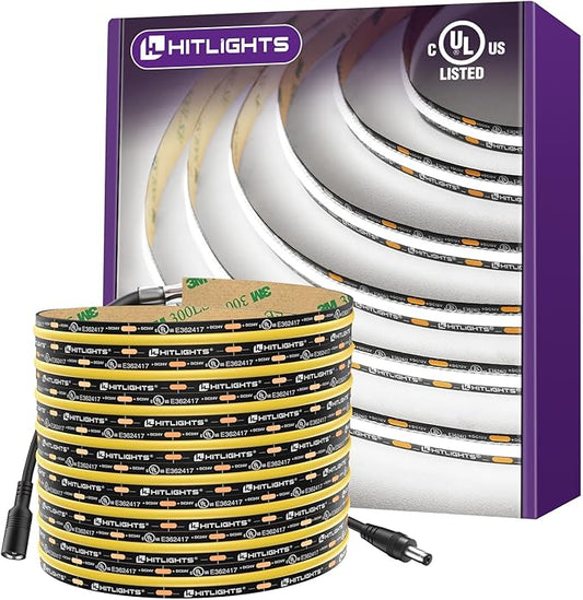 HitLights White LED Strip Lights 5000K, 16.4ft Premium 12V COB Tape Light High Density, 2400 LEDs, 305+ LM/FT, CRI 90+, IP30, Lighting for Kitchen, Cabinets, UL Listed (Power Source Not Included)