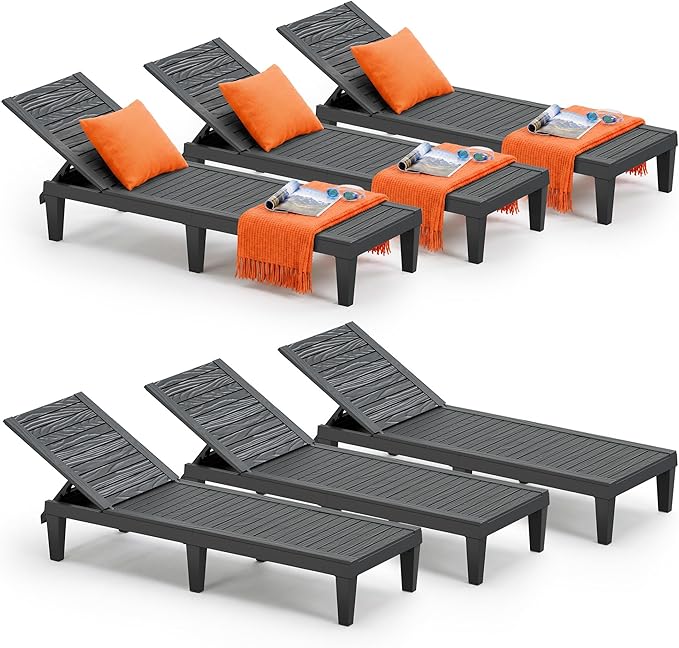 Outdoor Lounge Chair Set of 6, 5-Positions Adjustable Patio Chaise Lounges, Waterproof Tanning Chairs for Poolside, Backyard, Scratch-Resistant & Easy to Clean (Striped Black, Set of 6)