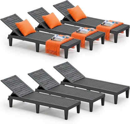 Outdoor Lounge Chair Set of 6, 5-Positions Adjustable Patio Chaise Lounges, Waterproof Tanning Chairs for Poolside, Backyard, Scratch-Resistant & Easy to Clean (Striped Black, Set of 6)