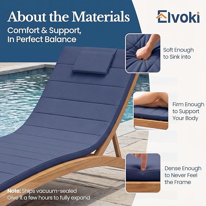 Quilted Chaise Lounge Outdoor Patio Furniture Cushions | 72x21 Water-Resistant | Durable, High-Density Foam Outdoor Chair Cushions for Pool Lounge Chairs, Heather Indigo - (Chair Not Included)