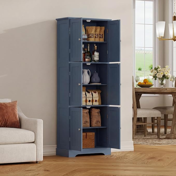 ChooChoo 63.2" Tall Bathroom Storage Cabinet with 6 Doors | Freestanding Floor Cabinet, Adjustable Shelves, Pantry Cabinet for Bathroom, Kitchen, Laundry Room, Blue