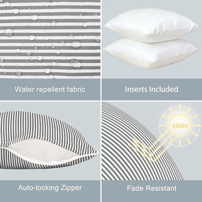 LVTXIII Outdoor/Indoor Throw Pillows, Decorative Patio Accent Pillows, Fluffy Water Repellent Garden Cushions for Home Patio Coach Sofa Use, 16×16 Inch, Pack of 2, Strip Grey