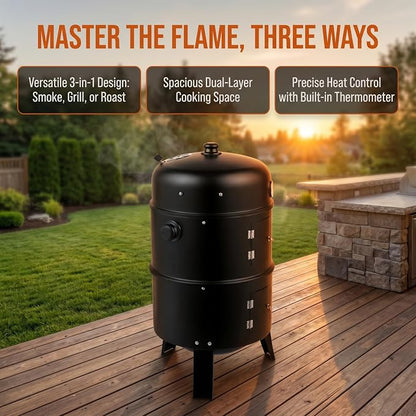 Barrel Charcoal Grill, Portable Outdoor BBQ Grill for Backyards, Camping & Parties, Adjustable Iron Smoker with Built-In Thermometer, Black