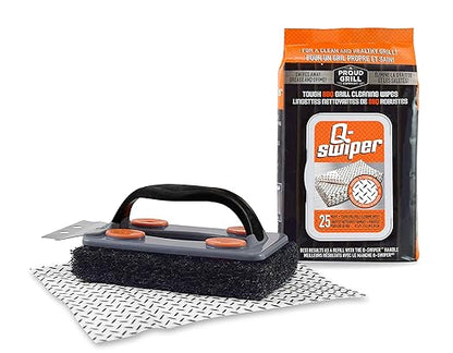Proud Grill Q-Swiper BBQ Grill Cleaner Set - 1 Grill Brush with Scraper and 25 BBQ Grill Cleaning Wipes, Bristle-Free & Wire-Less, Safe Way to Remove Grease and Grime, Ideal Mens Birthday Gifts