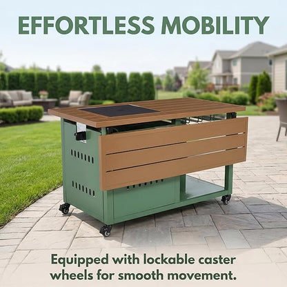 Outdoor Propane Fire Pit Table 44" with Lid & Wheels, Multifunctional Patio Fire Table with Storage Shelf, Steel Gas Firepit Dining Table for Backyard, Garden, Deck, Green