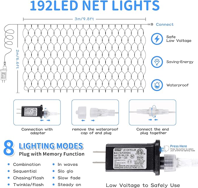 HEYFUNi 192 LED Net Lights Outdoor Mesh Lights,8 Modes Net Light for Bushes Plug in, Waterproof Christmas Net String Light for Bushes Ceiling Wedding Indoor Outdoor(9.8ft x 6.6ft,Blue White)