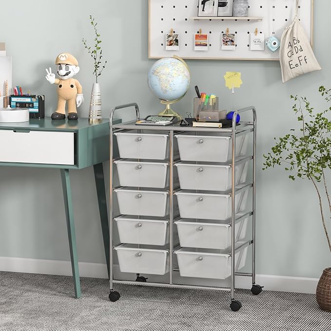 HOMGX Rolling Cart with 10 Drawers, 10 Tiers Multicolor Trolley, Drawer Bin Carts with 2 Lockable Wheels, Adjustable File & Debris Organizer Cart, Rolling Storage Cart for Office, School, Home