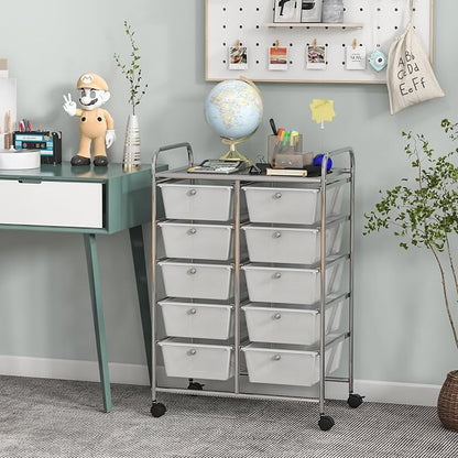 HOMGX Rolling Cart with 10 Drawers, 10 Tiers Multicolor Trolley, Drawer Bin Carts with 2 Lockable Wheels, Adjustable File & Debris Organizer Cart, Rolling Storage Cart for Office, School, Home