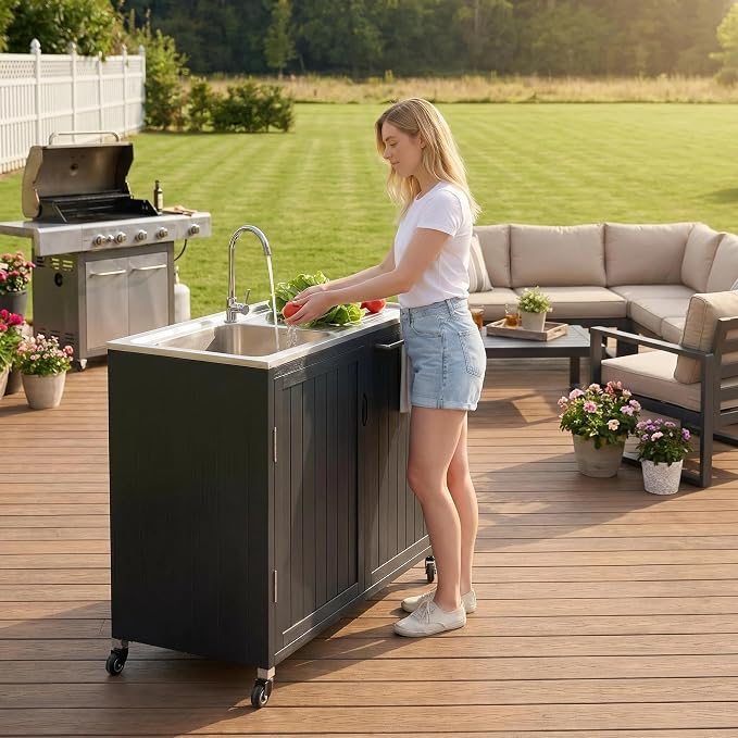 Outdoor Kitchen Island with 304 Stainless Steel Sink and Large Storage Cabinet,40-Inch BBQ Prep Station with Sink & 360 Lockable Wheels for Patio,Solid Wood Grill Cart，Backyard, Outdoor Party, Black